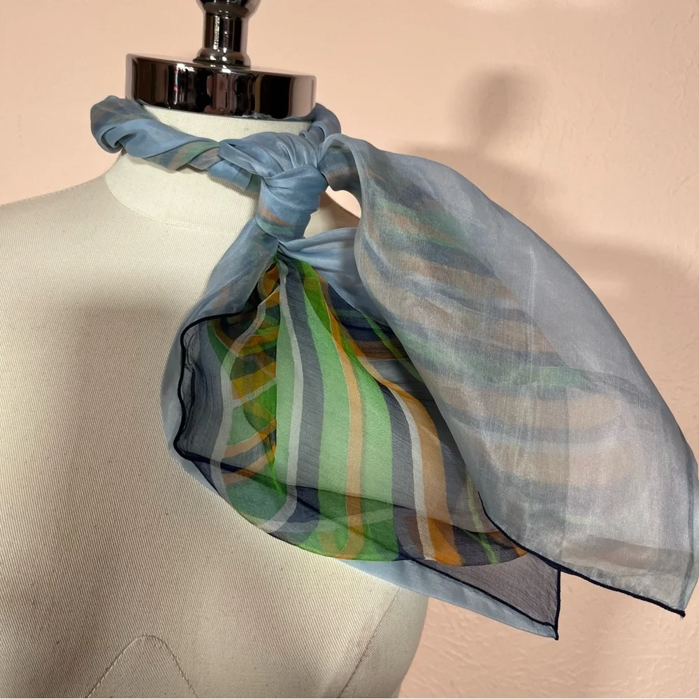 Vintage semi sheer striped Mod Green Blue Square Neck Scarf